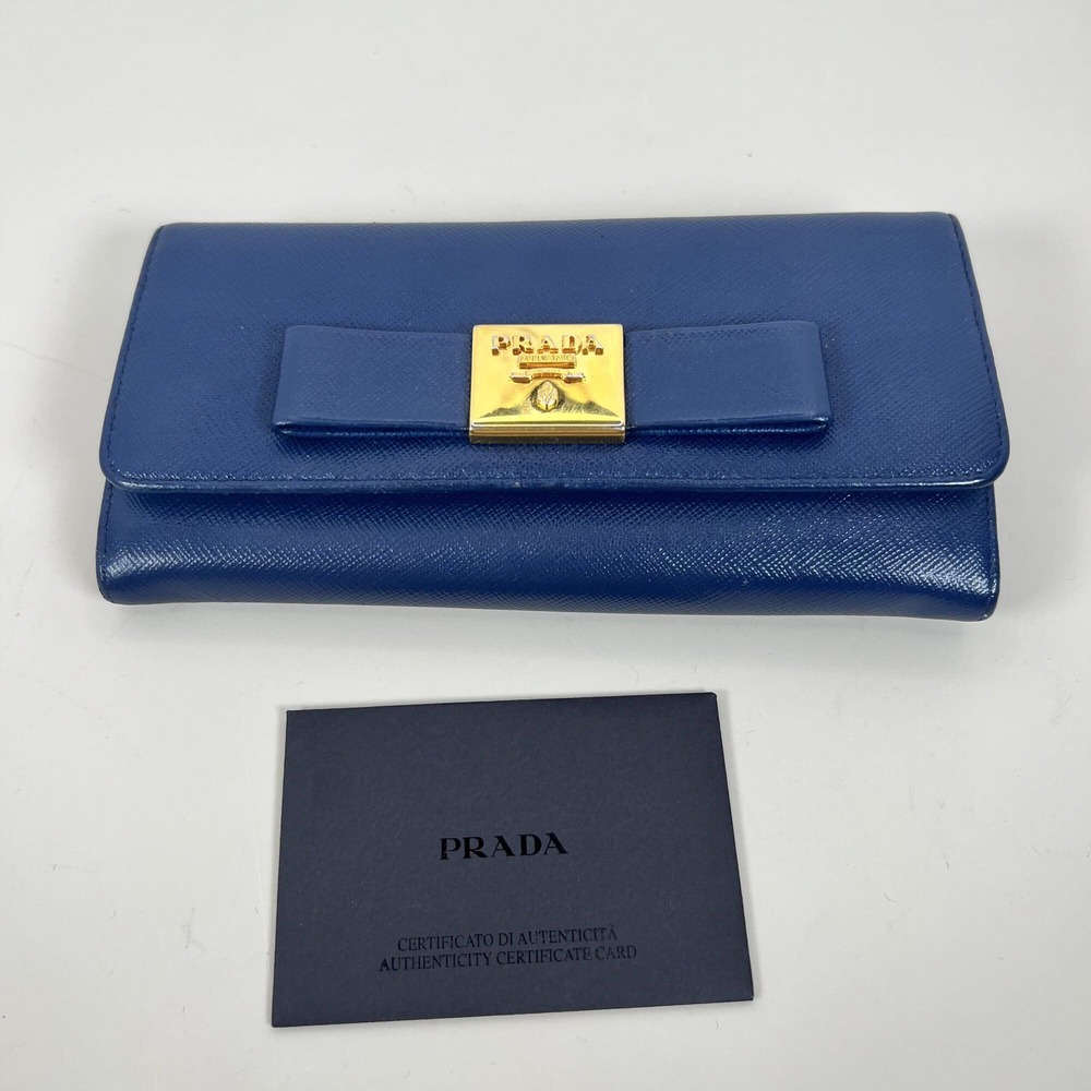 Prada Saffiano Leather Bow Continental Wallet (Bluette Blue)